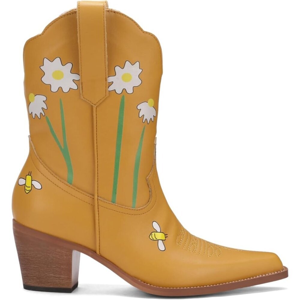 Women's Yellow Mid Calf Western Cowgirl Boots Chunky Heel Square Toe Fashion - Picture 4 of 6